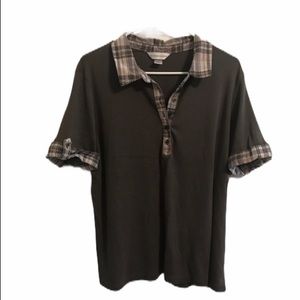 Christopher & Banks XL Hunter Green Plaid Trim Blouse EUC
